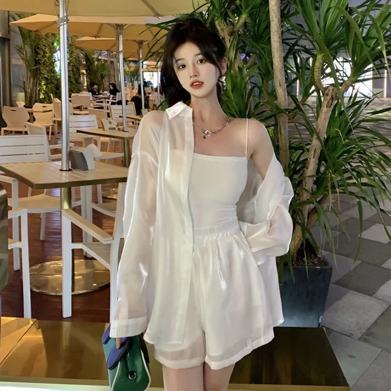 Spring Summer Thin Silk Blouse Women Pure Desire Style Pearly-Lustre See Through Shirts Korean White Sun Protection Shirt 250527