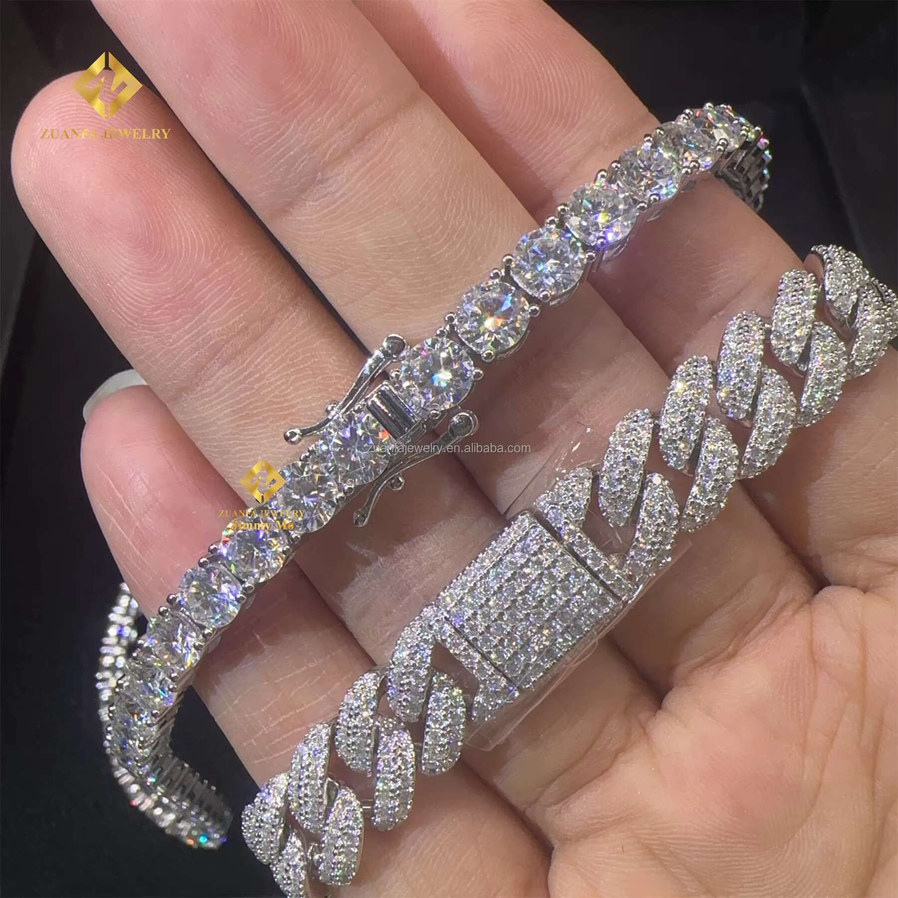 Hot Selling Fire Jewelry Lowest Price 10mm Iced Out Man Hip Hop Pass Diamond Tester Moon Shape Moissanite Miami Cuban Link Set