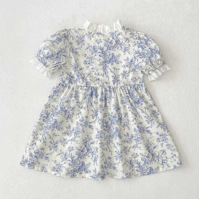 1-6Y Summer Kids Baby Dress Girls Sweet Lace Princess Dress Blue Flowers New Kids Baby Girls Dress Children Clothes Dress R250530