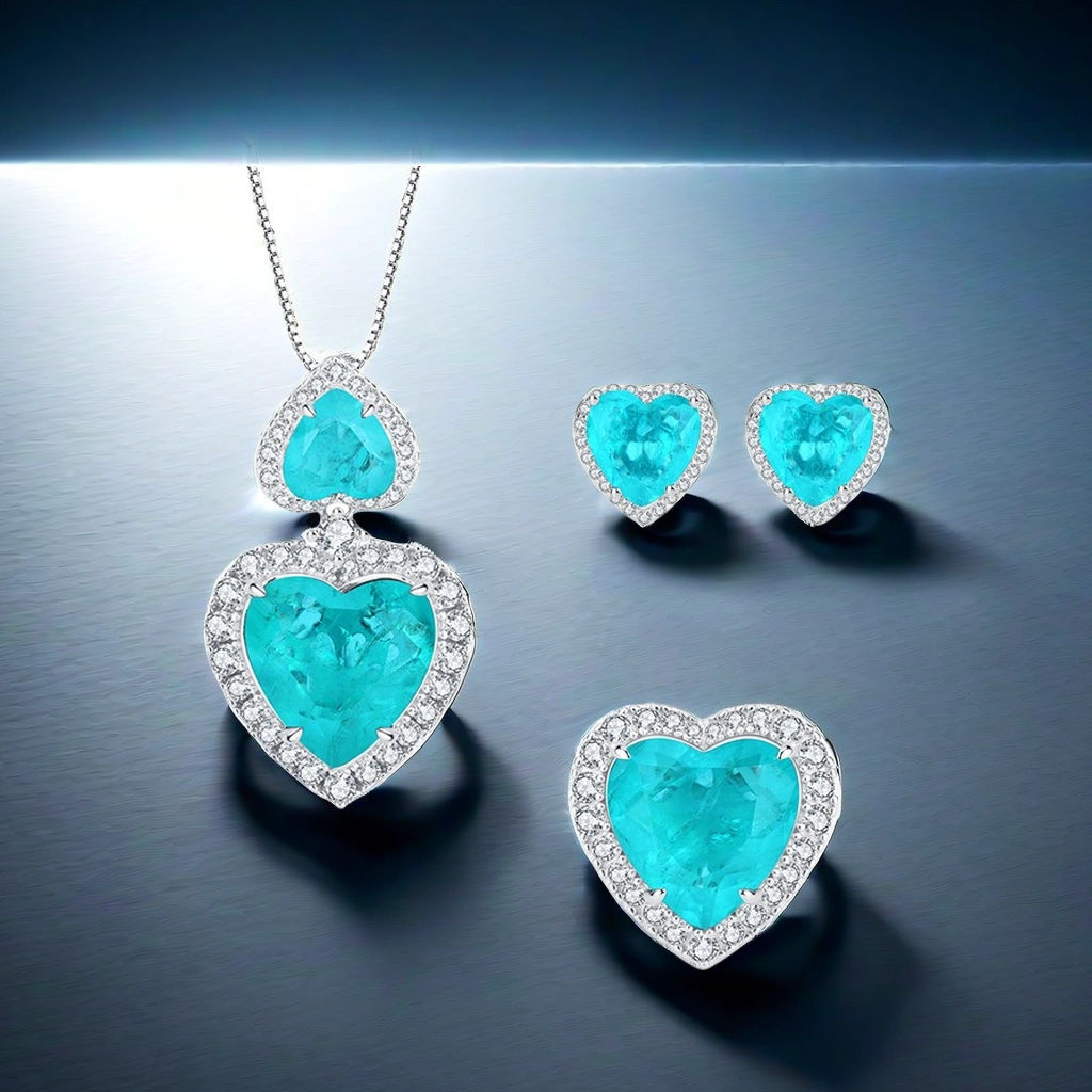 15*15 Love heart Jewelry Set S925 sterling Silver Paraiba blue Ring Pendant Necklace Earrings Antique Classic Precious Jewelry Set gift for girlfriend