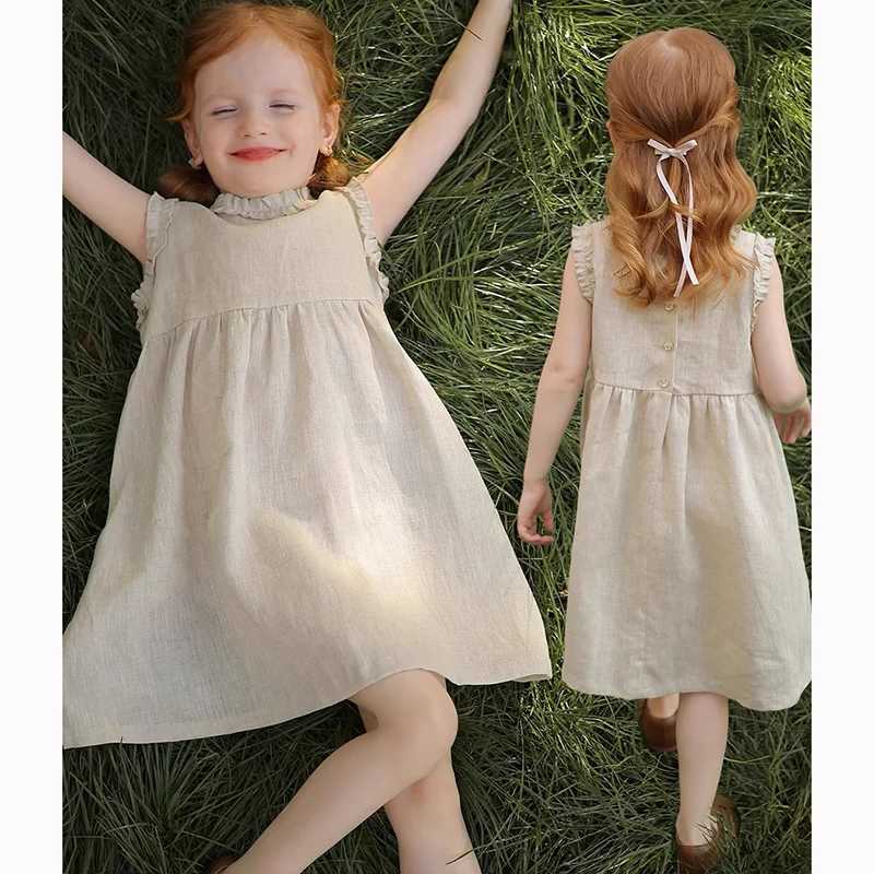 1-6Y Kids Baby Girl Dress Toddler Ruffles Sleeve Princess Dress Solid Cotton Linen Casual Dress for Party Flower Girl Clothes R250530