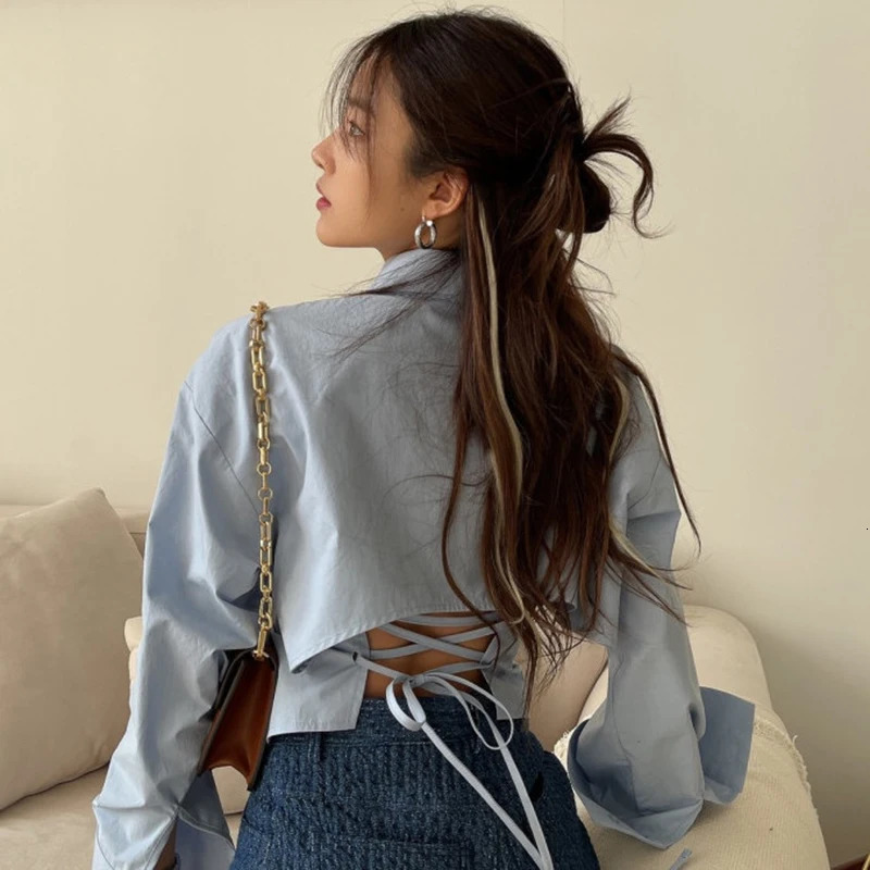 Korean Women Shirts Sweet Bandage Chic Long Sleeve Female Casual Blouse Summer Solid Turn Down Collar Ladies Crop Tops 250527