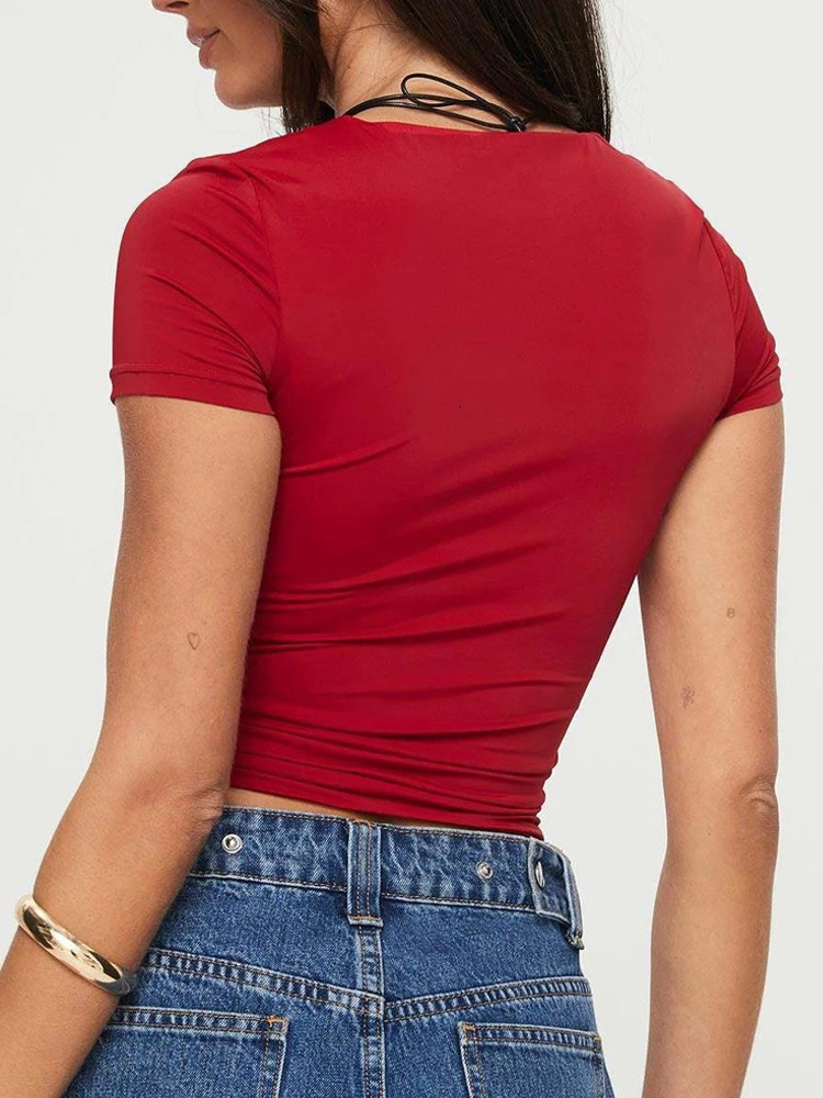 Summer Sexy Women U-neck Short-sleeve T-shirts Slim Elastic Skinny Crop Tops Solid Female Casual Pullovers Basic Tee Y2k Clothes 250527