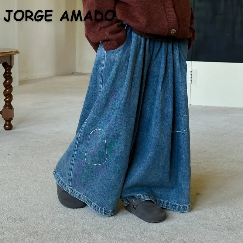 Childrens Girls Pants Spring Autumn Korean Style Denim Wide Leg Trouser Childrens Casual Loose Straight Casual Jeans Q2433 250527