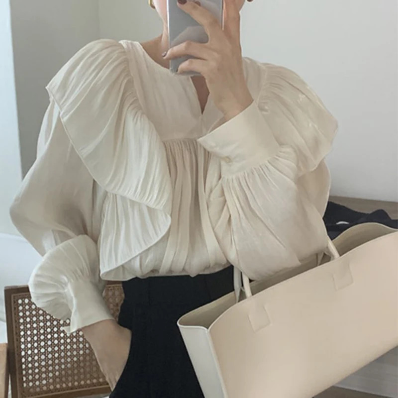Chic Ruffled Edge Pleated Loose Shirt for Women Fashion Puff Long Sleeve Women Blouse Tops Solid Vintage Elegant Blouses 201 250527