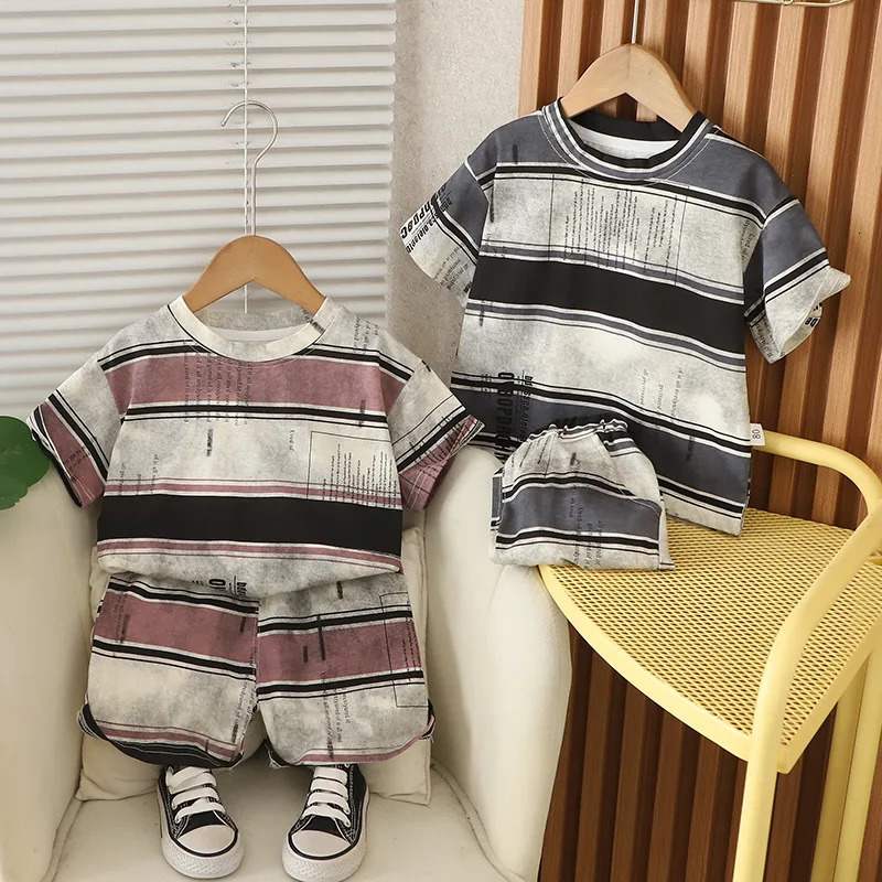 Baby Boy Summer Clothes Set Korean Fashion Letter Striped Short Sleeve T-shirts and Shorts Two Piece Boys Outfits Kids Suit 250527