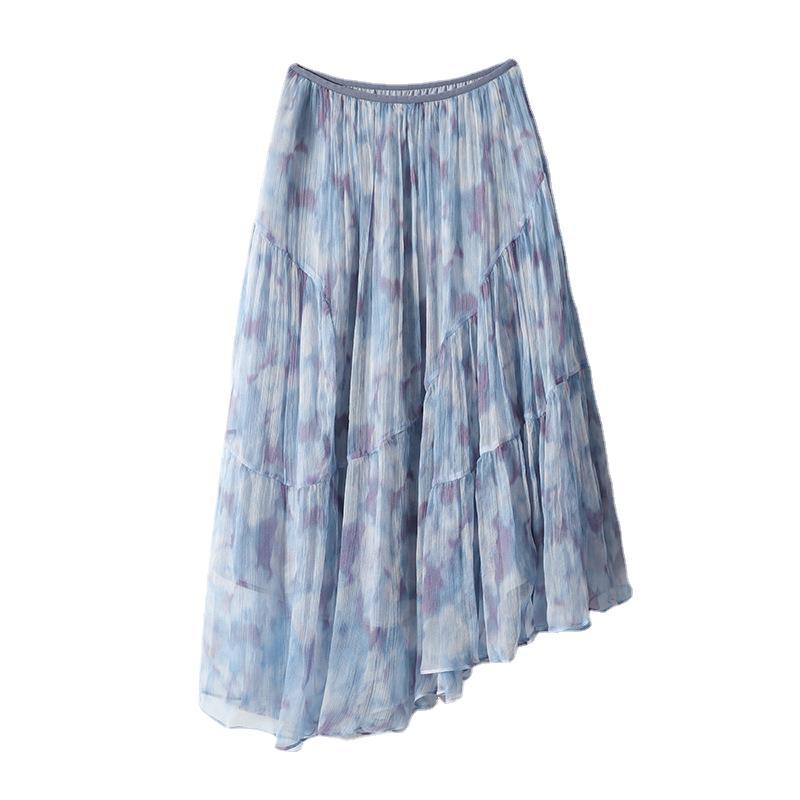 BV150 Silk Pleated Skirt Silk Ink Print A-Line Skirt