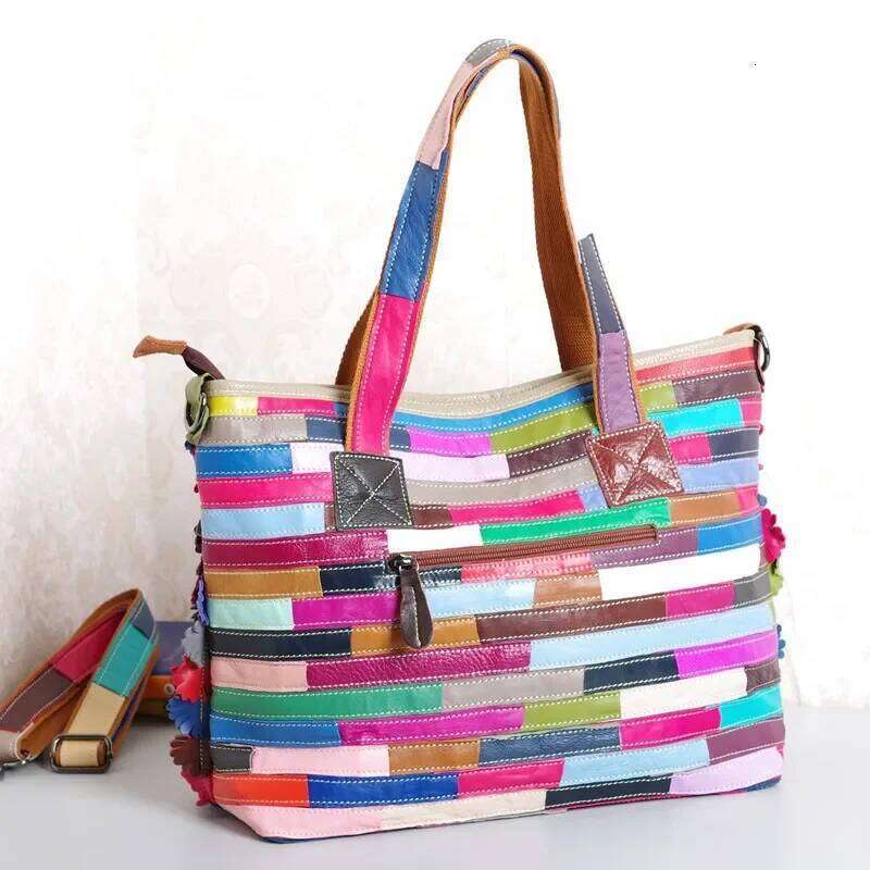 Colorful Soft Leather Geometric Pattern Contrast Color Crossbody Women's Shoulder Tote Bag