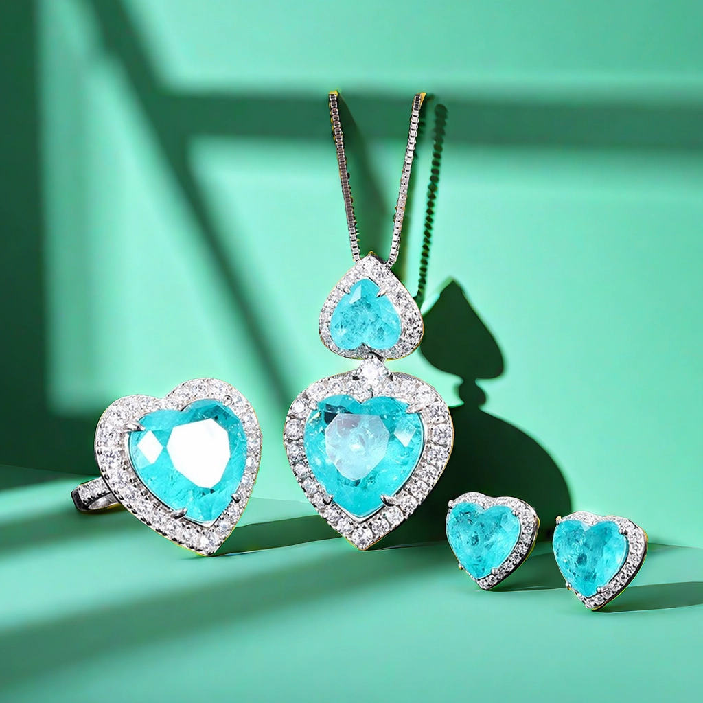 15*15 Love heart Jewelry Set S925 sterling Silver Paraiba blue Ring Pendant Necklace Earrings Antique Classic Precious Jewelry Set gift for girlfriend
