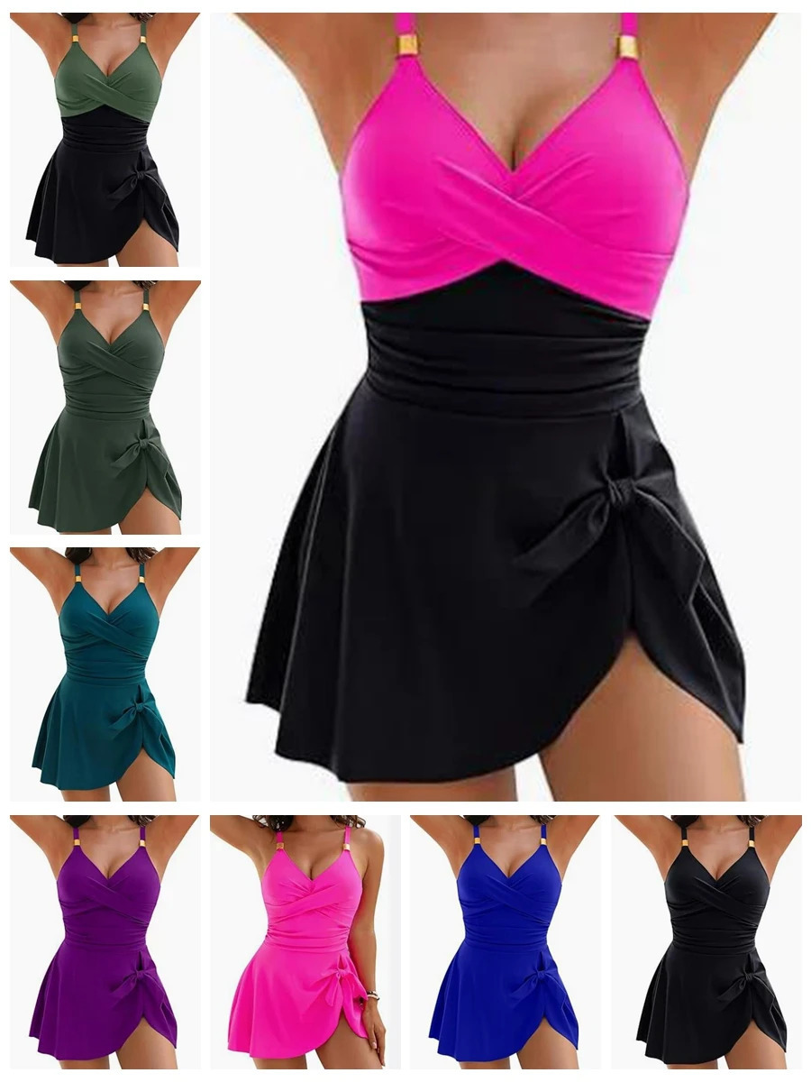 8 Colors Cute Women Swimdress Tummy Control Sexy One Piece Slim Comfortable Ruched Cross Swimwear Elastic Beachwear 2025 250530