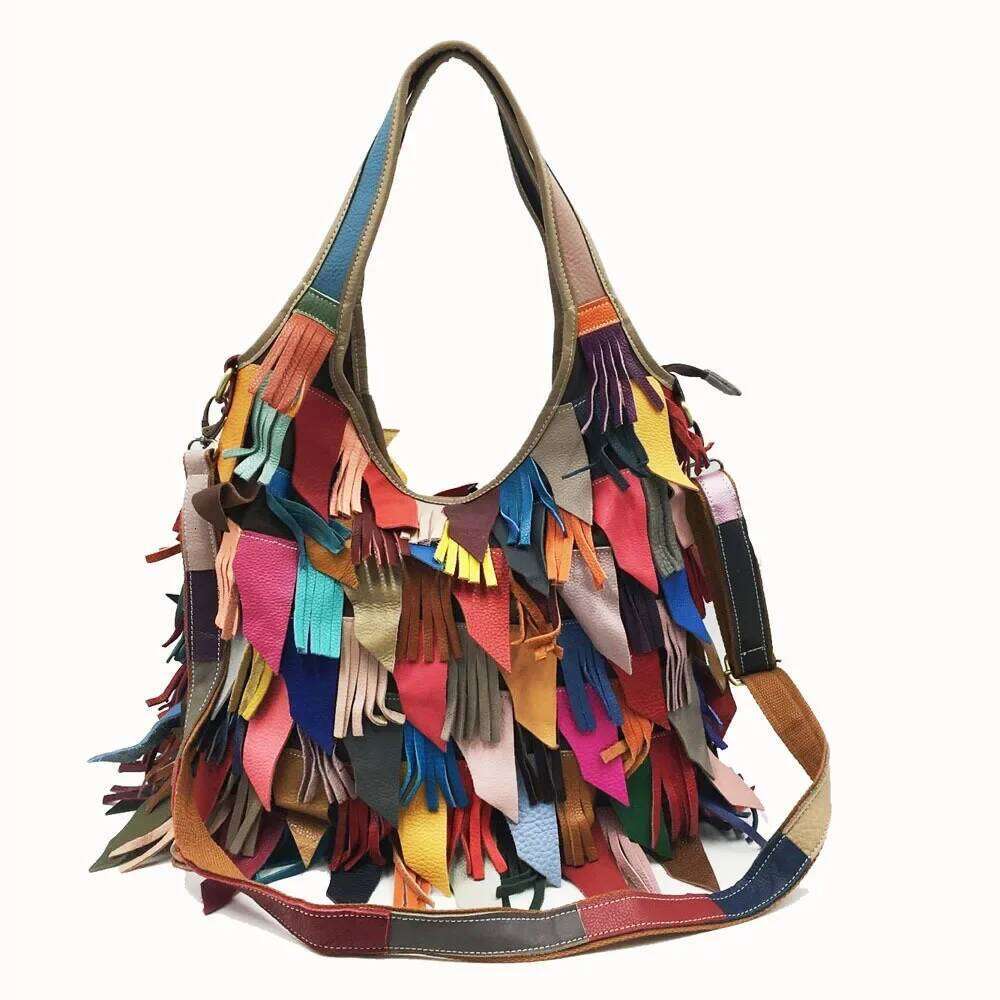 New Women's Handbag 2024 European Style Genuine Leather Fringed Shoulder Tote Layered Strap Crossbody Bag Motorcycle Equ