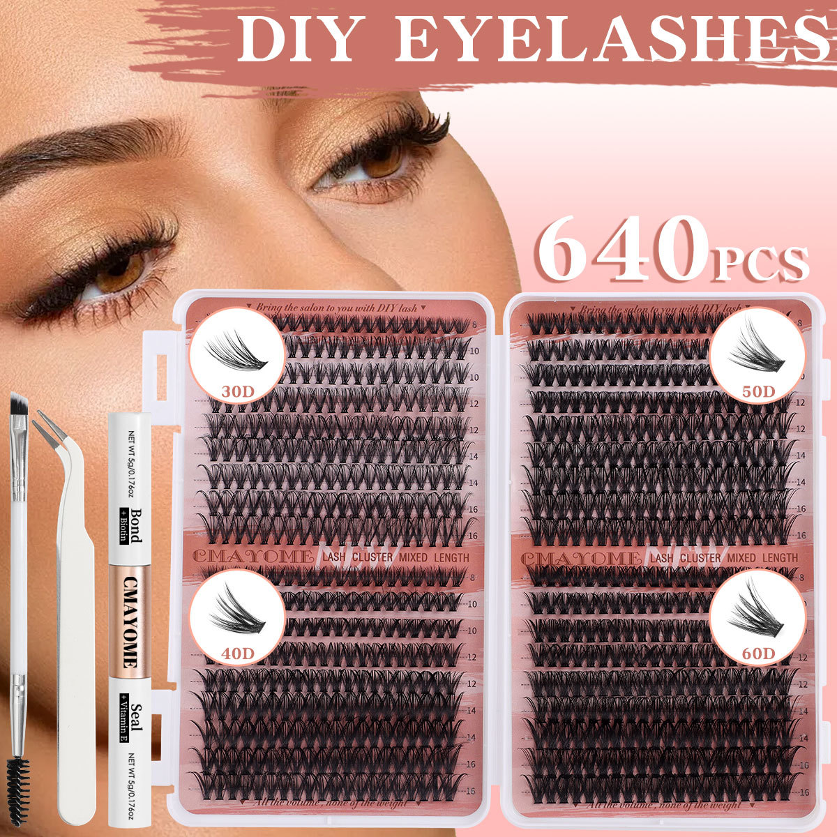 DIY Lash Clusters Kit 640Pcs Individual Eyelashes Thick Fluffy Handmade Reusable DIY Segmented Eyelash Extensions for Women Grafted Lashes