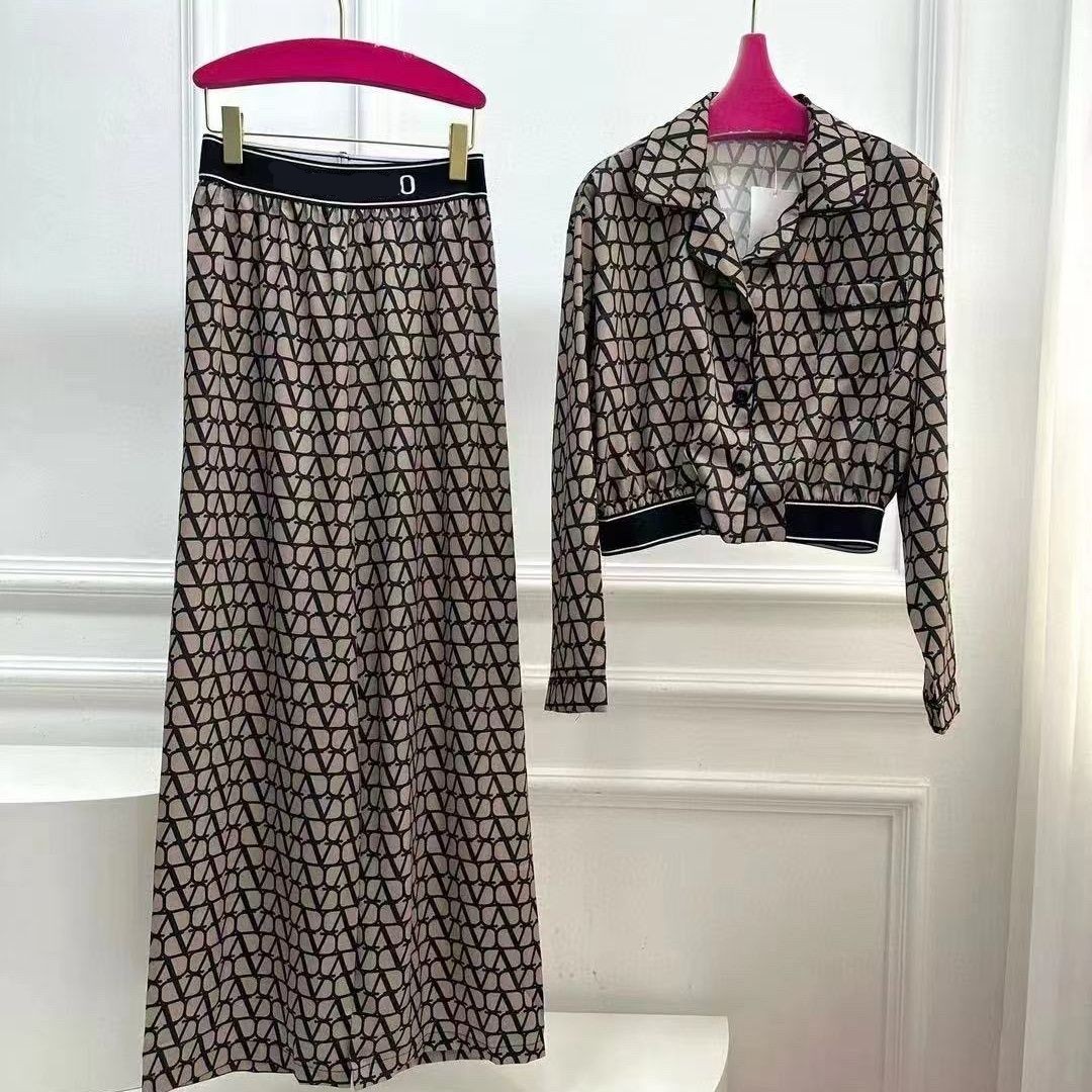 New spring summer women turn down collar logo letter print high waist short shirt blouse and wide leg long pants twinset designer 2 pc pants suit SML