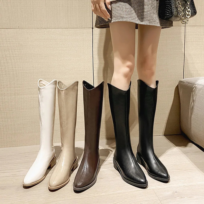 Winter Pointy Mid-heel Knee-high Boots Back Zipper Solid Color Heightening Car Stitch and Velvet Fashion Elegant High Boots 250527