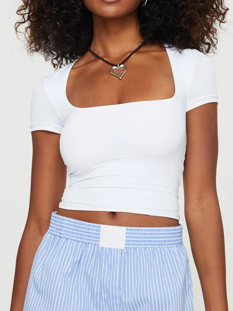Summer Sexy Women U-neck Short-sleeve T-shirts Slim Elastic Skinny Crop Tops Solid Female Casual Pullovers Basic Tee Y2k Clothes 250527
