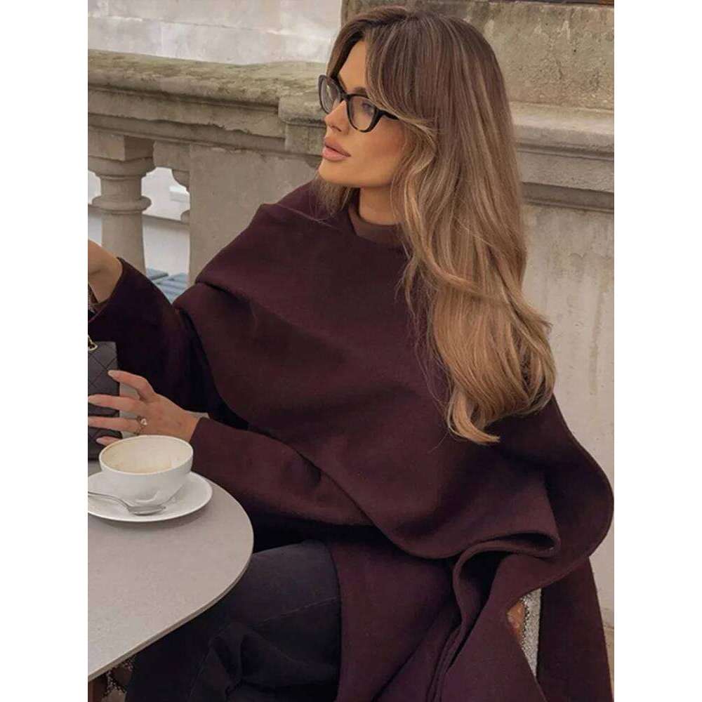Coats Designer Women With Scarf Long Woolen Coat Dark Red Belt Lace Up Waist Cinching Slimming Solid Color Shawl Women Wool Overcoat Maxi Outwear Desi