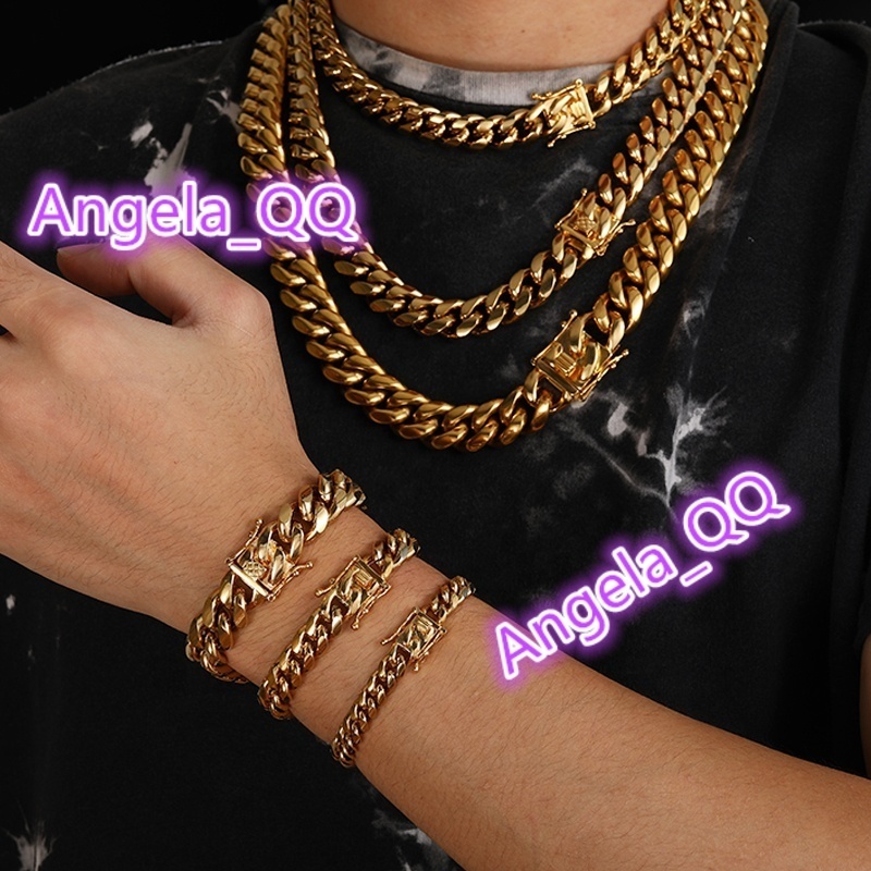 Wholesale Fashion Luxury Mens Hip Hop Cuban Link Chain Jewelry Women 8/10/12/14mm 18k Gold Plated Stainless Steel Miami Cuban Bracelets