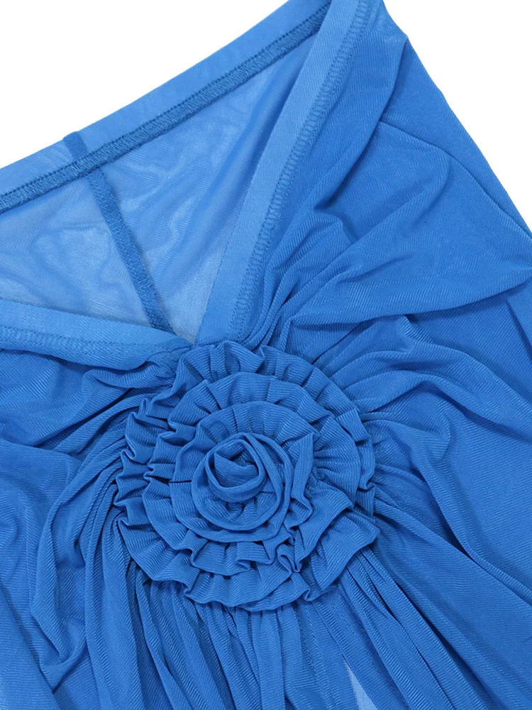 Beyprern Womens Royal Blue 3D Flower Bikini Set 3 Pieces Outfits Summer Sheer Mesh Blossmed Ruched Dress CoverUp Swimsuits 250521