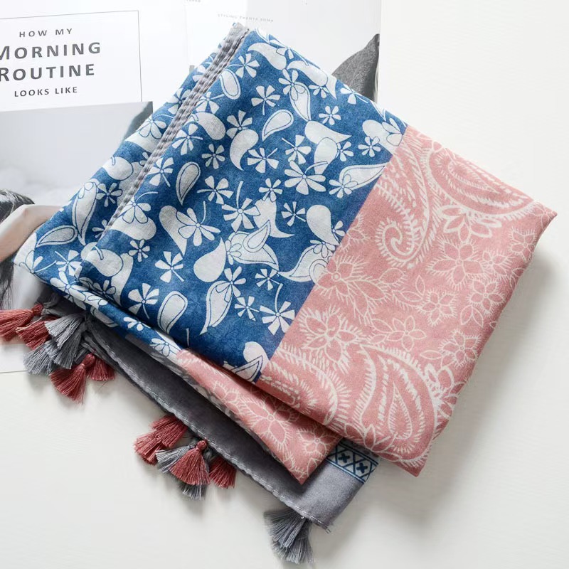T847 new Bohemian scarf Japanese art all-match cotton and linen scarf small fresh cashew print color matching gauze scarf thin