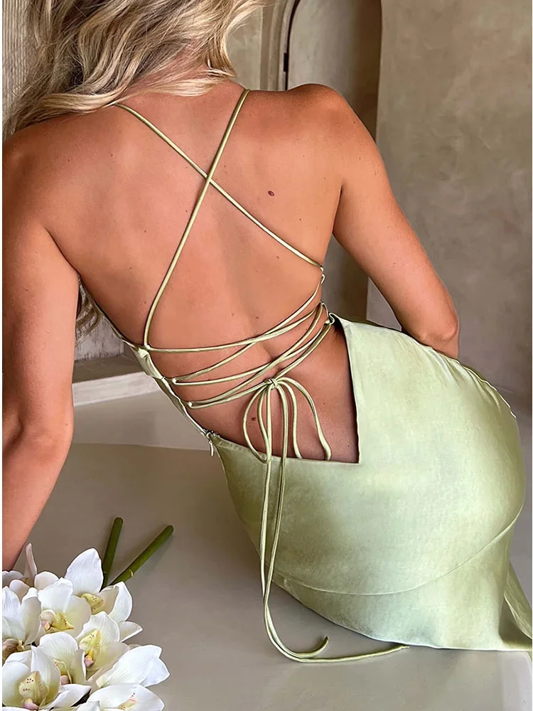 Fashion Sexy Satin Backless Camis Dress Spaghetti Strap Split Hem Silk Y2K Bodycon Casual Lace-up Summer Evening Long Dress 250527