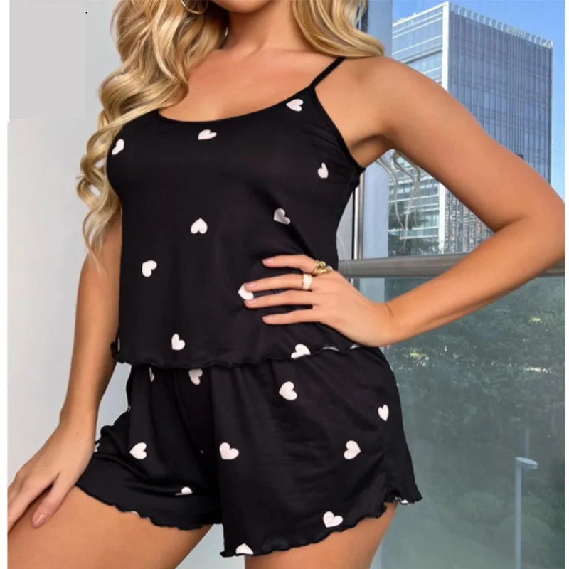 Plus Size Love Print Women Pajamas Two Piece Sexy Camisole Shorts Black Student Pajama Set Easy to Wash Shorts Homewear Two Piec 250530