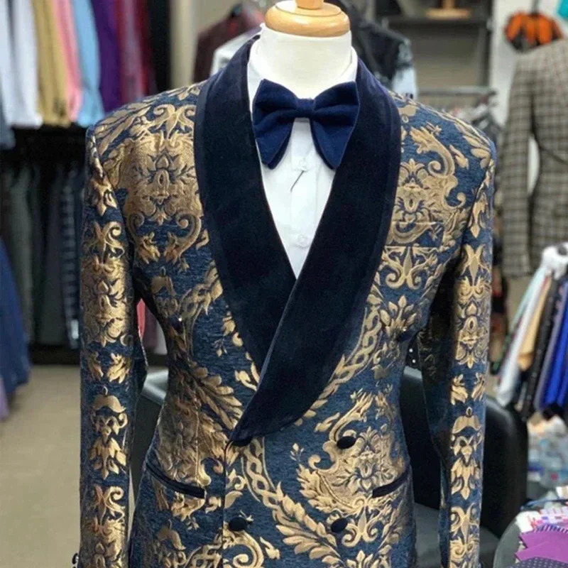 Slim Fit Floral Men Suit Jacket 1 Piece Double Breasted Smoking Blazer for Wedding with Velvet Shawl Lapel Fashion 250520Z