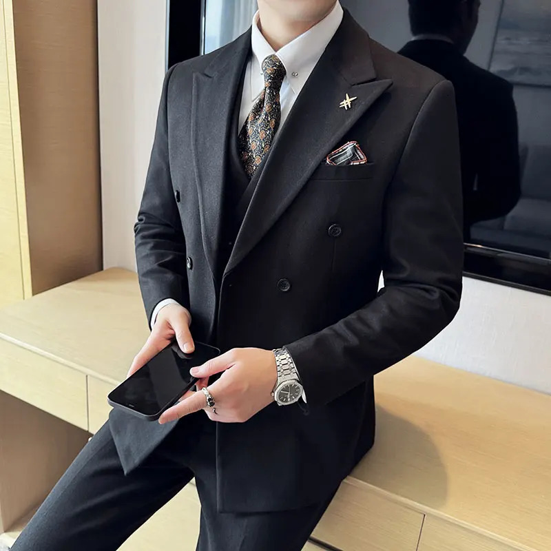 2025 High quality doublebreasted suit vest trousers Korean slim business woolen threepiece set 250520Z
