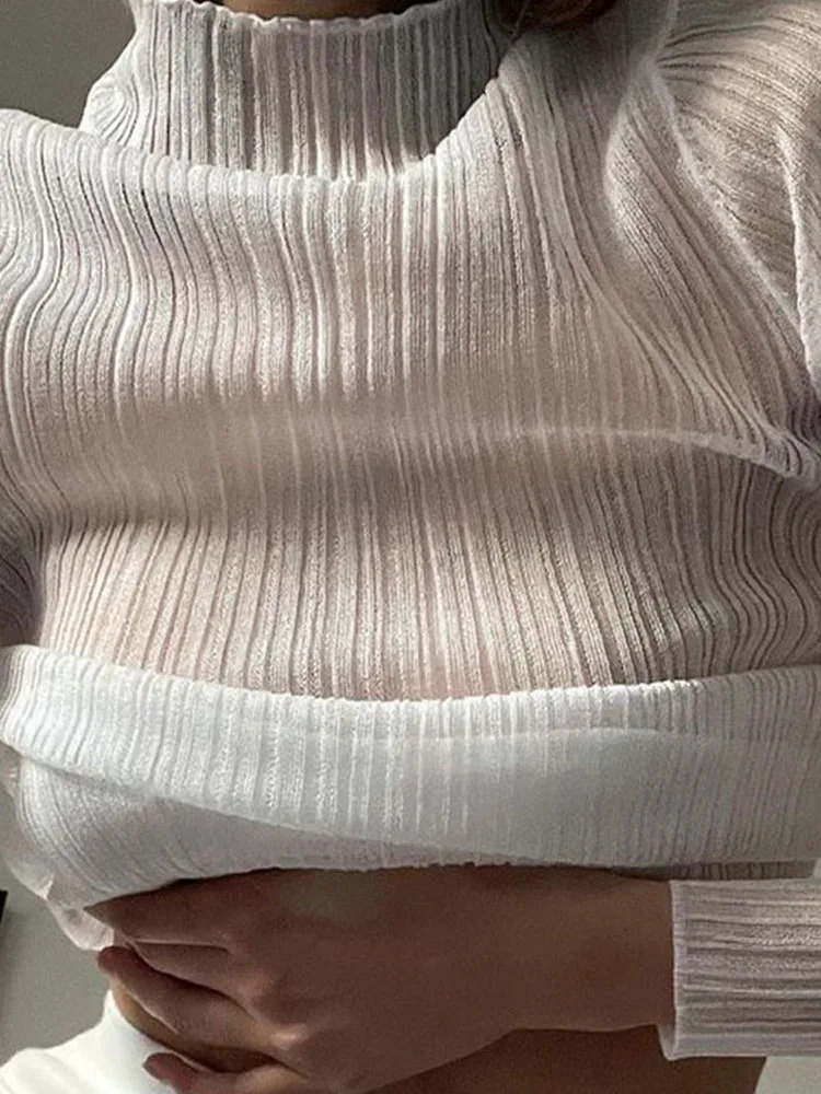 Fall Elegant See Through Long Sleeve Mock Neck Women Tops Fashion Streetwear Sexy TShirts Tees Slim Clothes 250520A