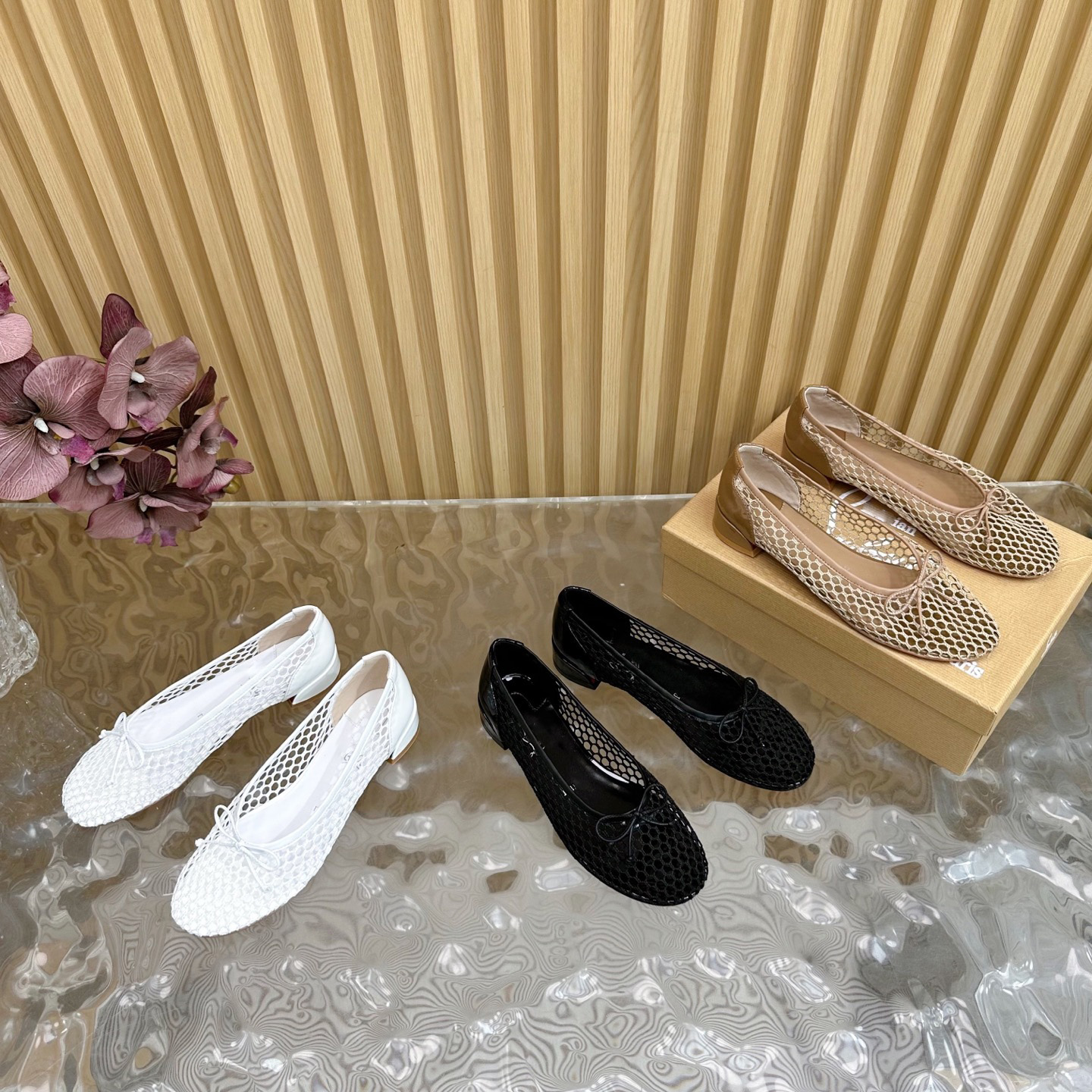 Women's Sock Sweetie Jane Mesh crocheted Ballerinas bow Loafers flats Round toe Luxury Designers patent leather-trimmed sole Wedding Evening Dress causal Shoes