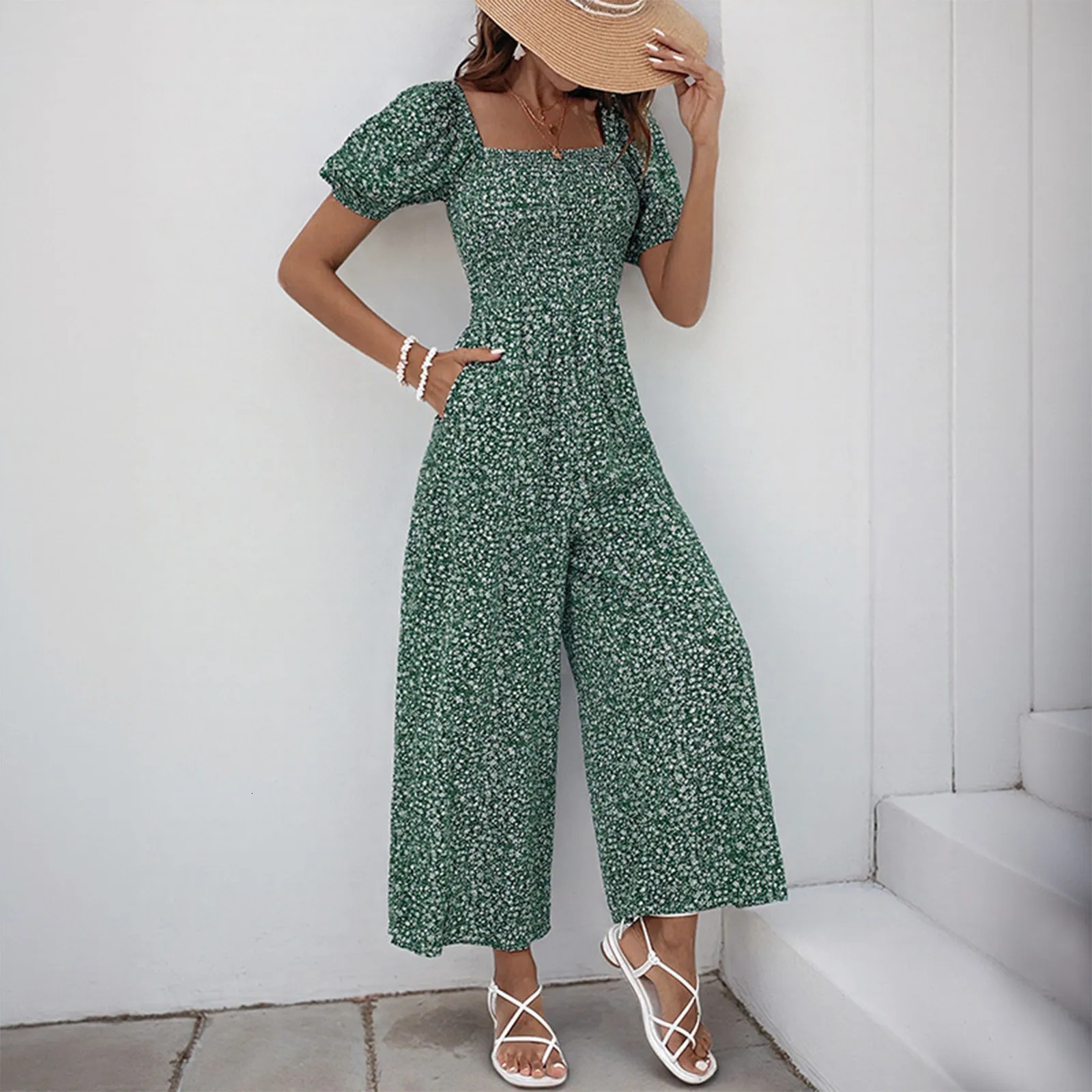 Elegant WomenS Square Neck Jumpsuit With Puff Sleeve And Wide Leg Perfect Printed Outfit For Any Occasion 250527