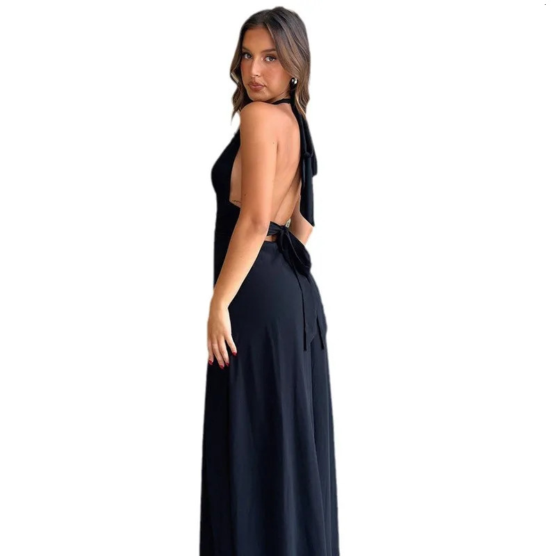 European And American Summer Womens Clothing Temperament Halter Neck And Backless Sexy Slit Lace-up Solid Color Dress 250527