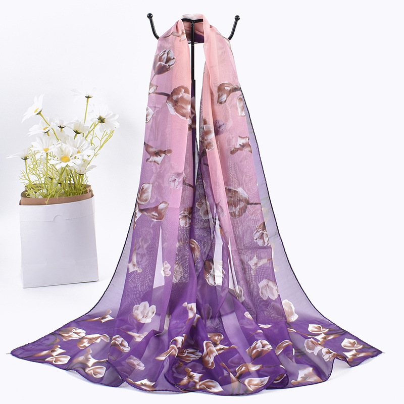 K881 New sunscreen lily floral pattern printed elegant women's chiffon scarf breathable scarf thin small tulle scarf
