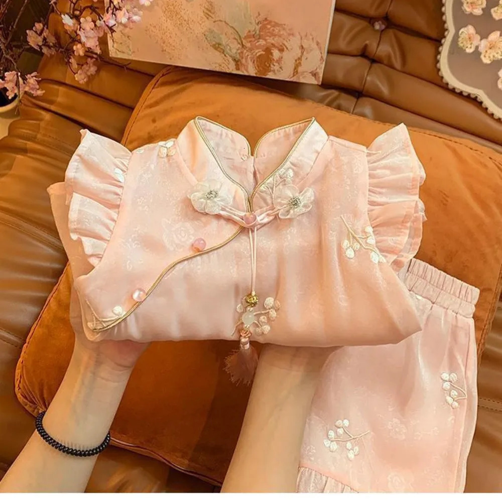 Bear Leader Summer Chinese Style Girls Suit Pink Flower Embroidered Fly Sleeved Top Shorts 2Pcs Tassel Cheongsam Kids Clothes 250527