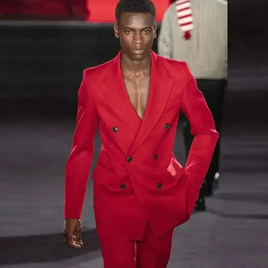 Red Men Suit TwopiecesJacketPants Handsome Highquality Double Breasted Lapel Male Clothing costume homme 250520Z