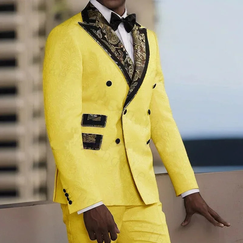 Yellow Floral Mens Suits Double Breasted Slim Fit For Wedding Business Tuxedo Groomsman Fashion JacketPants 2025 250520Z