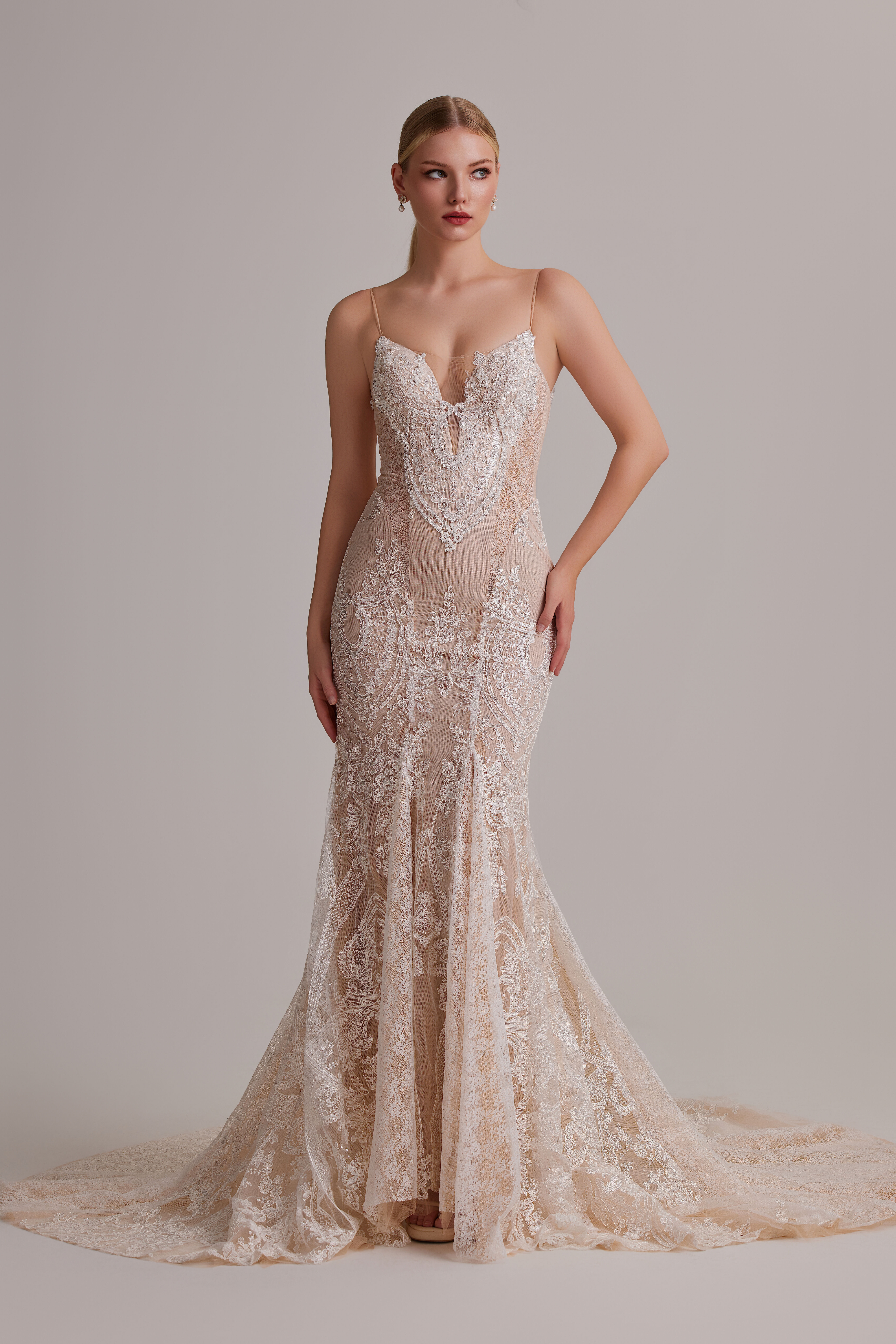 Beige see through lace suspender fishtail wedding dress, so beautiful that it's heart wrenching!