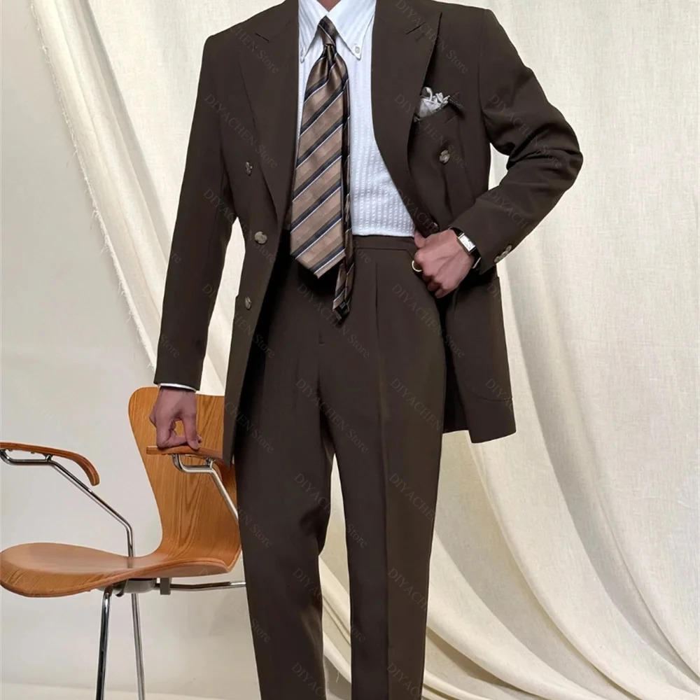 Elegant Lapel Men Suits Two Piece Gentleman Double Breasted Casual Outfits Slim Fashion Groom Wedding Party Prom Tuxedo 250520Z