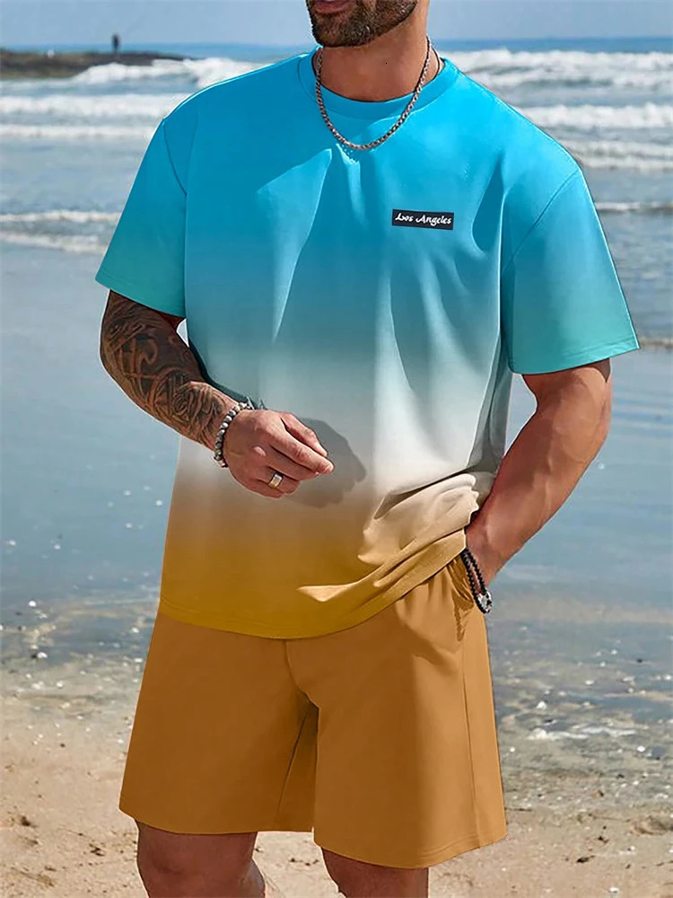Summer Mens Suit Sportswear Fashion Casual Short Sleeve Vacation Style Gradient Printing TShirt Shorts Menswear 250529Z