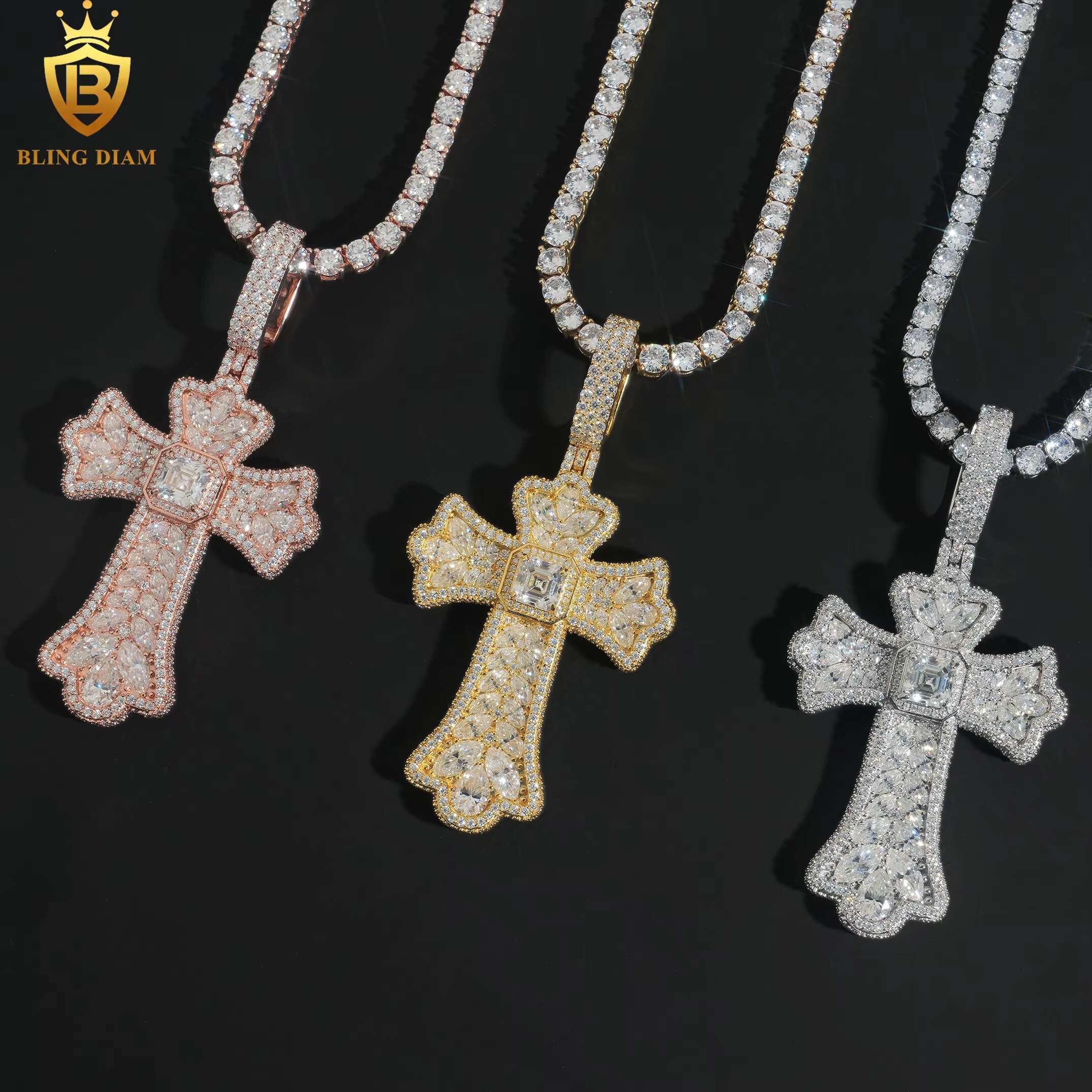 Blingdiam New Arrival Hip Hop Jewelry Vvs Moissanite 925 Sterling Silver Iced Out Cross Pendant Gra Certificate