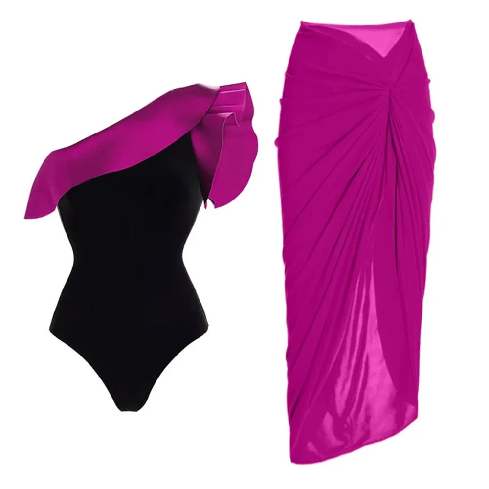 2025 2Pc Set Sexy One Piece Swimsuit Women with Cover Up Push Up Swimwear Print Bathing Suit Shoulder Summer Beachwear Beach 250530