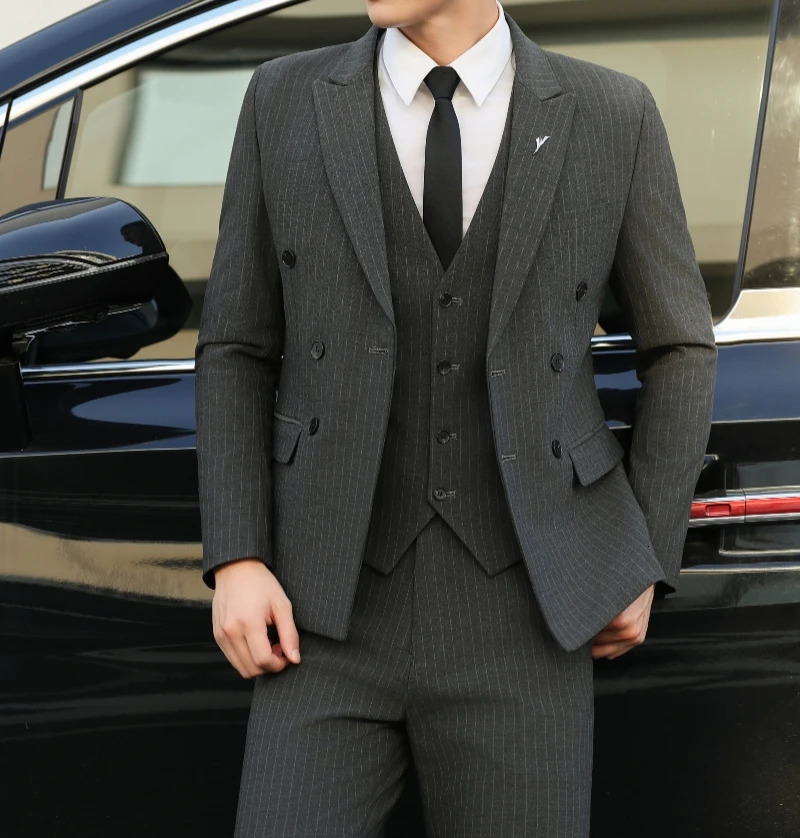 Double breasted British suit vest trousers male groom wedding slim casual fashion stripes handsome threepiece set 250520Z