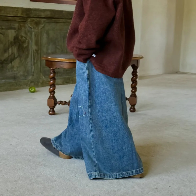 Childrens Girls Pants Spring Autumn Korean Style Denim Wide Leg Trouser Childrens Casual Loose Straight Casual Jeans Q2433 250527