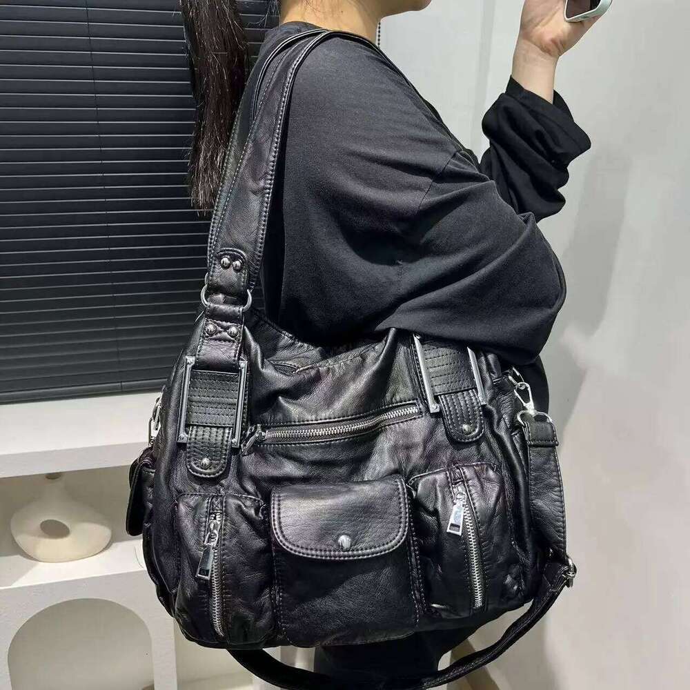 Designer Bag Women S Fashion Y K Hot Girl Motorcycle Old Lychee Pattern Multi Pocket Shoulder Crossbody Bag