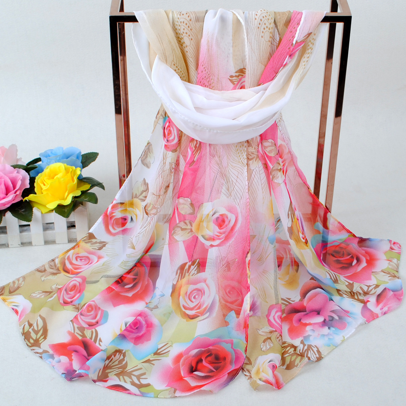 K880 New spring peacock feather flower women chiffon scarf wholesale Yiwu printed small scarf 38 gifts