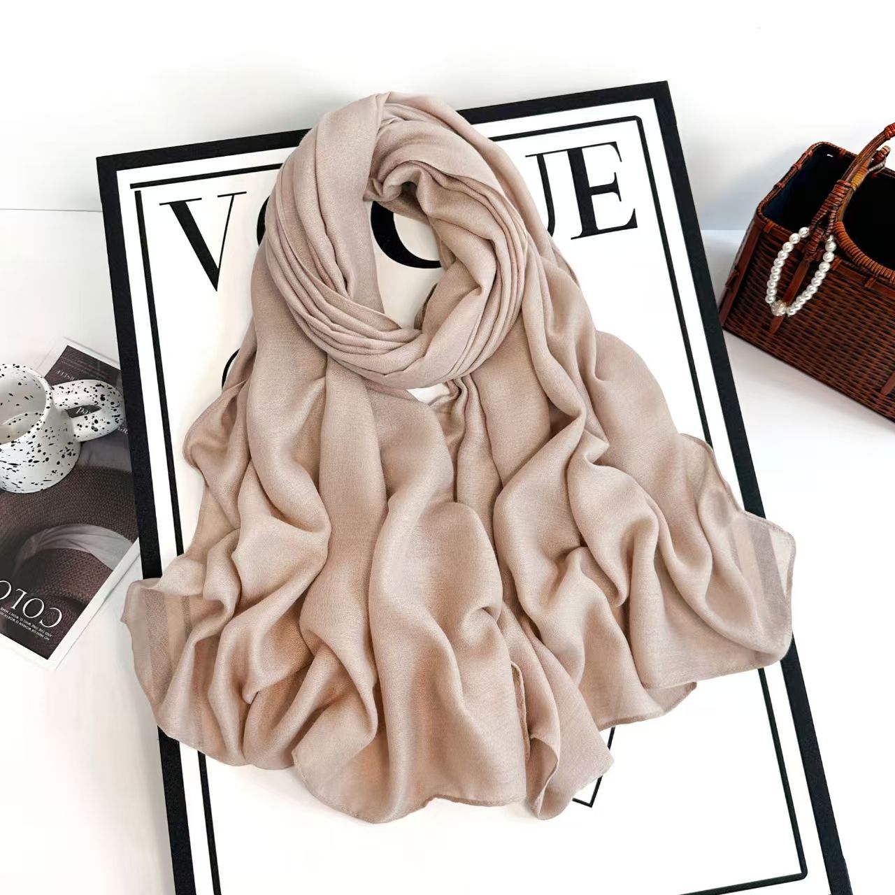 T852 new pure color cotton and linen scarf pearl chiffon long scarf monochrome ladies headscarf scarf