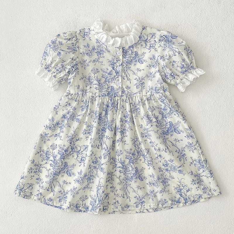 1-6Y Summer Kids Baby Dress Girls Sweet Lace Princess Dress Blue Flowers New Kids Baby Girls Dress Children Clothes Dress R250530