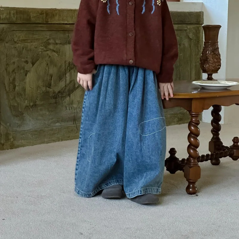 Childrens Girls Pants Spring Autumn Korean Style Denim Wide Leg Trouser Childrens Casual Loose Straight Casual Jeans Q2433 250527
