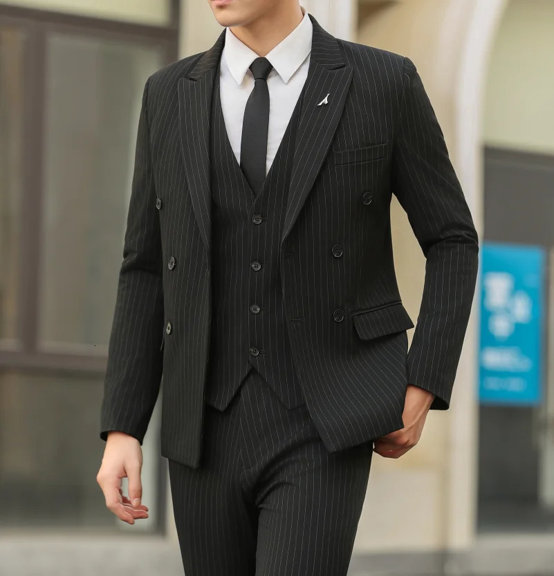 Double breasted British suit vest trousers male groom wedding slim casual fashion stripes handsome threepiece set 250520Z