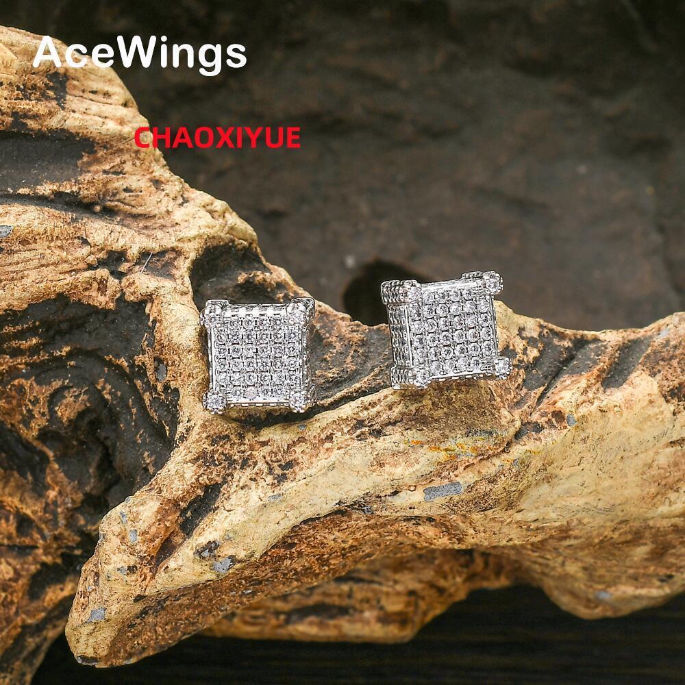 E004 Gold Plated Hip Hop CZ Stud Earrings Brass Setting Charm Style for Anniversary Occasions