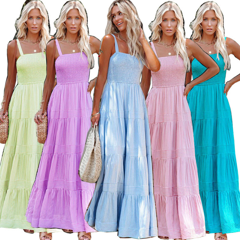 women's wear 2024 Summer Women's New Vacation Style Strap Tie Print Long Dress Super Hot